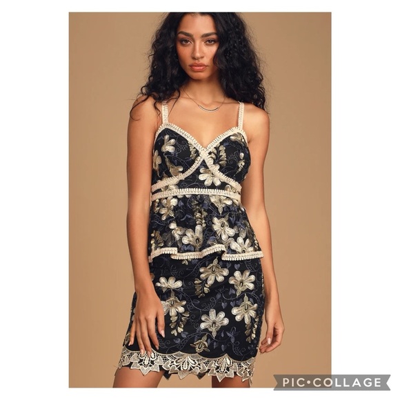 Lulus Karina Black & Blue Floral Embroidered Peplum Dress Size Small - Picture 2 of 14